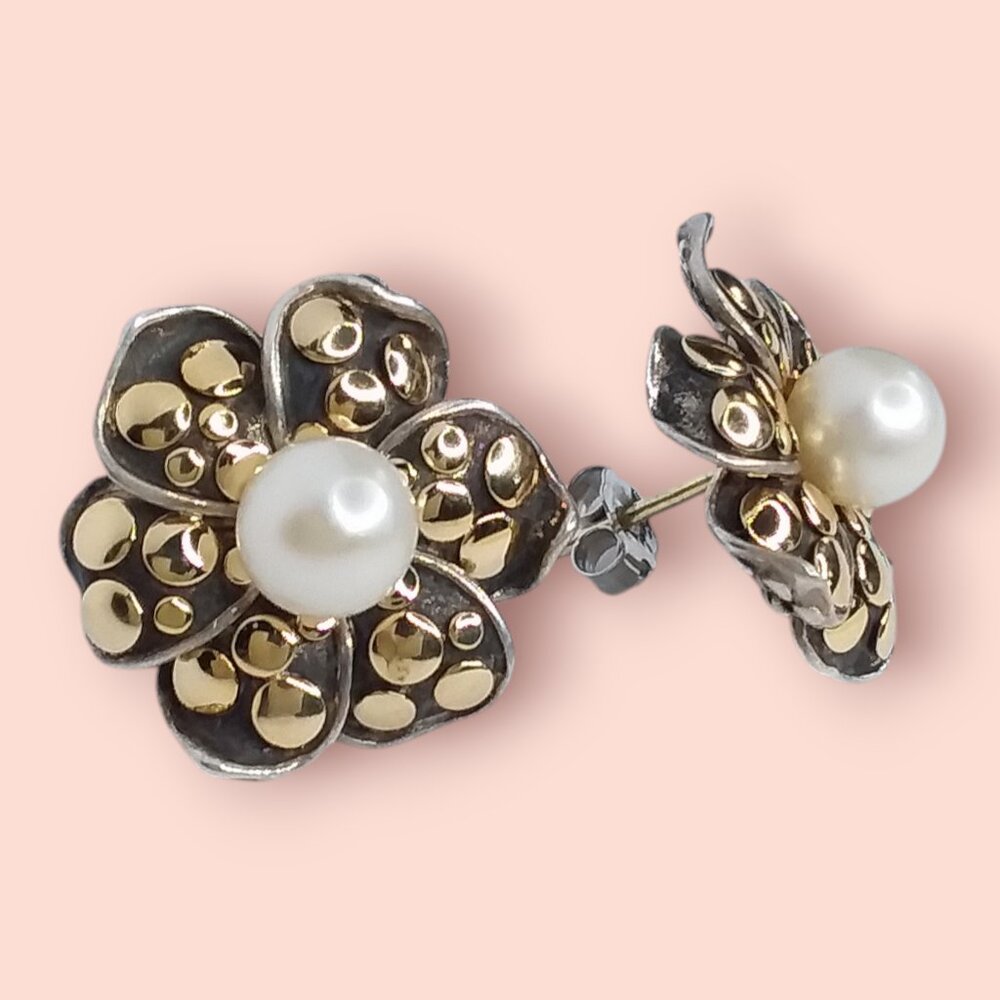 John Hardy 18K Gold 925 Sterling Silver Dot Ayu Flower Earrings Pearl Ladybug